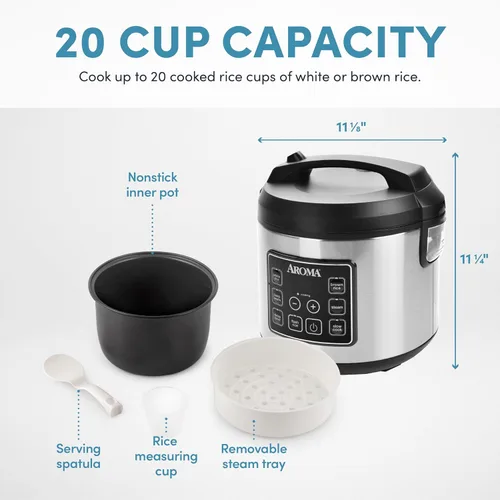 Vista 5 de Aroma Housewares olla arrocera digital de 20 tazas (cocidas) (10 tazas sin cocer), olla de cocción lenta, vaporera de alimentos, exterior de acero