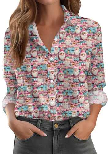 Vista 43 de Camisetas de San Valentín para mujer, camisas con botones, blusas de corazón, elegantes, informales, cuello de solapa, manga larga, suave, cómoda
