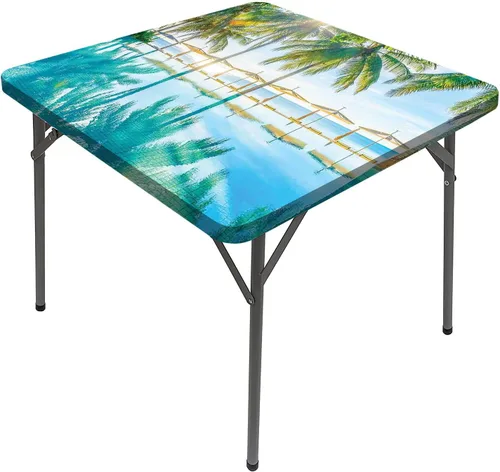 Vista 15 de Mantel cuadrado para mesa de paisaje, majestuosa escena matutina brumosa Triglav National Elástico, se adapta a mesas de 24 x 24 pulgadas