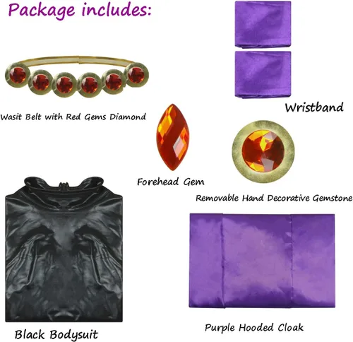 Vista 6 de Disfraz de Raven Rachel Cosplay Enterizo para mujer, capa morada con gemas en la cintura, cinturón y cadena, accesorios (talla EE.UU.)