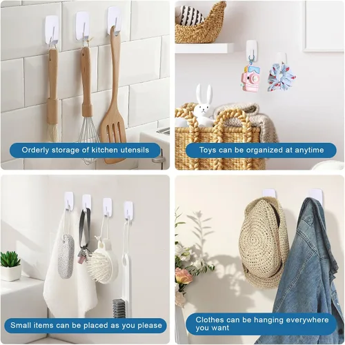 Vista 3 de Ganchos de pared resistentes grandes 6 piezas con 12 tiras adhesivas, gancho de pared removible para colgar, ganchos para colgar abrigos sin daños