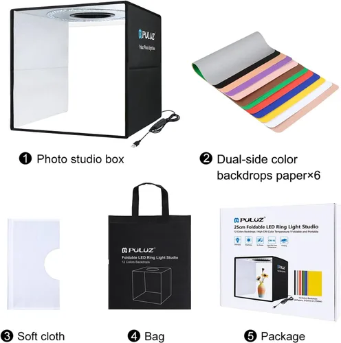 Vista 9 de PULUZ Caja de luz de estudio fotográfico de 10 x 10 pulgadas, caja de carpa de fotografía plegable portátil, pequeña caja de luz para tomas lightbox