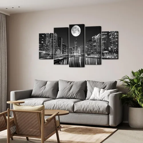 Vista 4 de Biuteawal Arte de pared de 5 paneles de paisaje urbano en la noche de la luna, pintura moderna de ciudad en blanco y negro para el hogar, oficina