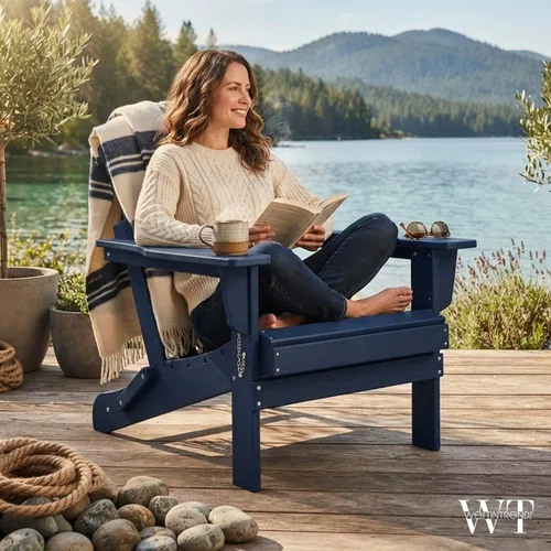 Vista 2 de WestinTrends Malibu 4 Adirondack Patio Chairs & 2 Side Tables, Navy Blue