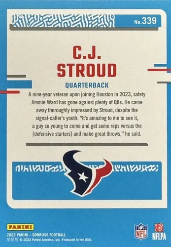 Vista 2 de C J Stroud 2023 Donruss Football Series Tarjeta RATED ROOKIE Mint #339 Mostrando a este QB estrella de los Houston Texans en su camiseta negra