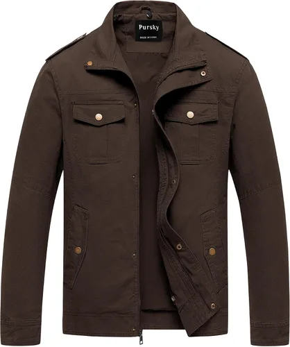 Vista 10 de Pursky Chaqueta Militar de Hombre Chaqueta de Algodón Lavado Casual con Capucha de Lienzo Abrigo de Otoño