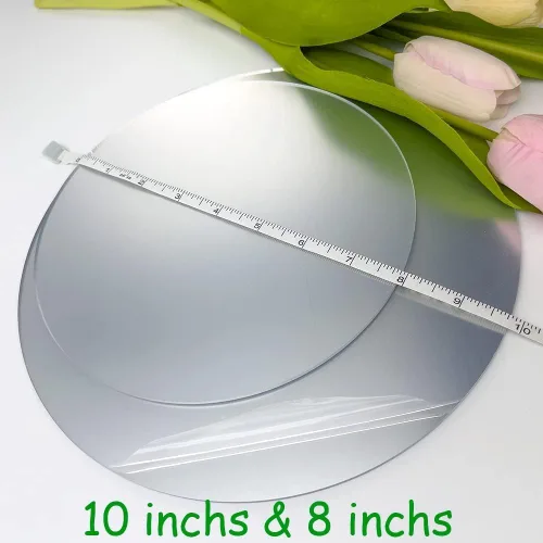Vista 4 de Espejo con forma de círculo de 10 pulgadas para decoración de habitación, espejo acrílico con soporte de madera, espejo de maquillaje sin marco