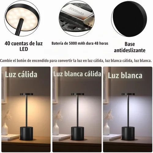 Vista 5 de Pack de 2 lámparas de mesa inalámbricas, lámpara de escritorio recargable con batería LED de 5000 mAh, metálica, USB, portátil, lámpara de mesa