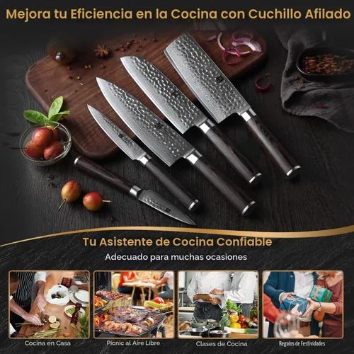 Vista 7 de XINZUO Juego de 5 cuchillos de corte de cocina, hoja de damasco martillada de 67 capas, juego de cuchillos de chef afilados de estilo japonés