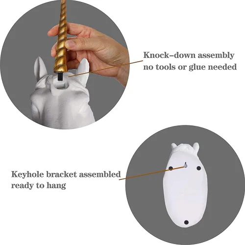 Vista 5 de Cabeza de unicornio para montaje en pared, escultura de cabeza de unicornio blanca con cuerno de oro, cabeza de animal de resina sintética