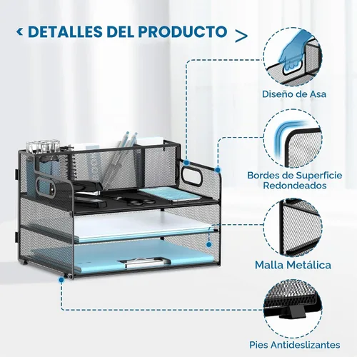 Vista 5 de Organizador de escritorio de 3 niveles con soporte para bolígrafo, bandejas Negro