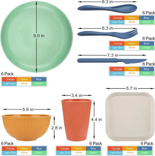 Vista 2 de Juego de platos y tazones de 42 piezas de paja de trigo para 6, juego de platos irrompibles aptos para lavavajillas y microondas, juego de tazas