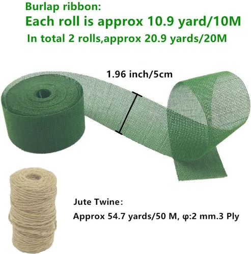 Vista 2 de Juego de 2 rollos de cintas de arpillera, 21.87 yardas y 2 pulgadas de ancho para coronas de manualidades, envoltura, arcos, árbol de Navidad
