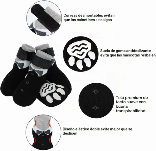 Vista 2 de PETLOFT Calcetines antideslizantes para perro, 4 piezas calcetines antideslizantes para interiores con correa de cierre desmontable ajustable