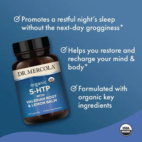 Vista 3 de Dr. Mercola 5-HTP orgánico con raíz de valeriana y bálsamo de limón, 30 porciones (30 cápsulas), suplemento dietético, Suports Restful Sleep, sin