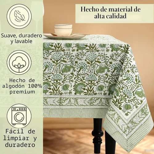 Vista 7 de CPC - Mantel cuadrado 100% algodón, 60 x 60 pulgadas, estampado de bloques indios, mantel para bodas, primavera/verano, barbacoa, verde ágata