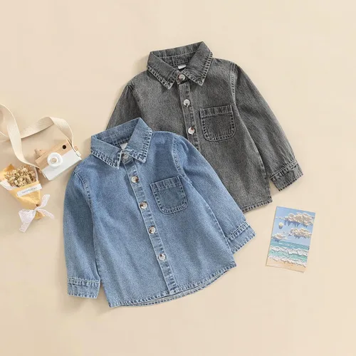 Vista 2 de Camisa de mezclilla de manga larga con botones para bebés y niños pequeños