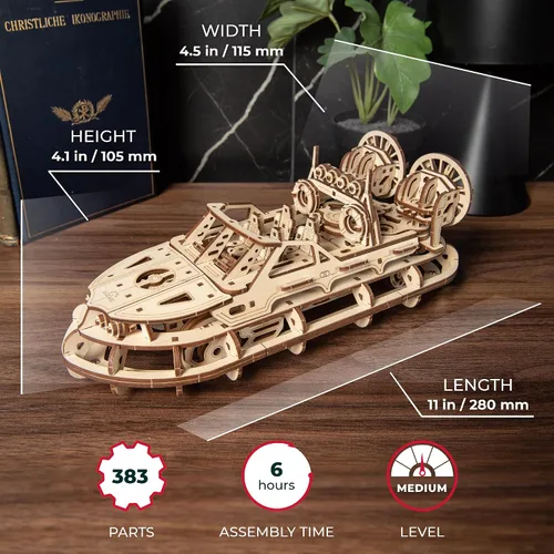 Vista 2 de UGEARS Rescue Hovercraft - Kits de modelo de barco para adultos - Puzzle de madera 3D - Kits de barcos de madera para construir - Kits de barcos