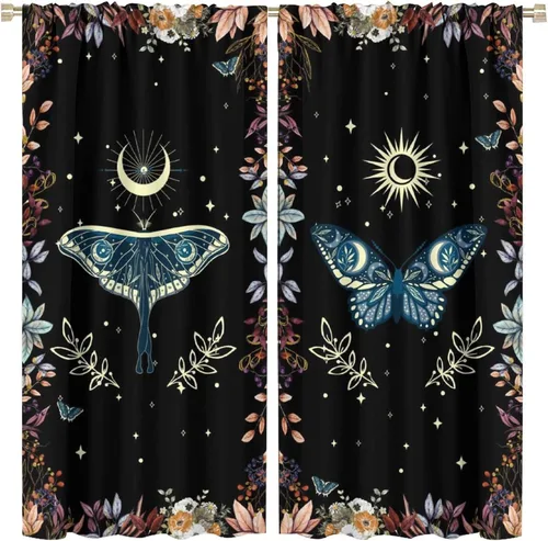 Vista 41 de Cortinas de mariposa de fantasía, polilla, sol, luna, estrella, arte floral, estampado floral, bolsillo para barra, cortinas opacas para ventana