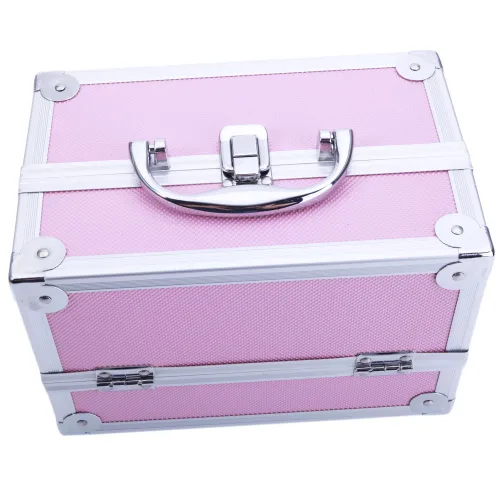 Vista 7 de Estuche de tren de maquillaje portátil profesional, estuche de aluminio para maquillaje, joyero, organizador de almacenamiento de cosméticos con Rosa