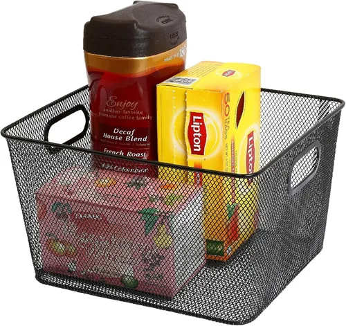 Vista 4 de Organizador con malla plateada, abierto, para frutas, vegetales, elementos de cocina, juguetes