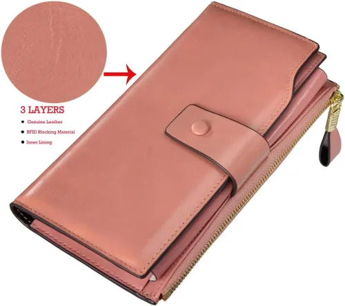 Vista 2 de woogwin Cartera de embrague de cuero genuino de lujo de gran capacidad RFID para mujer, Cera rosa