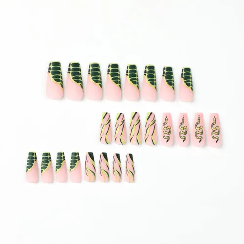Vista 2 de Foccna Uñas postizas largas verdes con forma de ataúd a presión en serpiente, uñas postizas francesas brillantes para uso diario, uñas artificiales