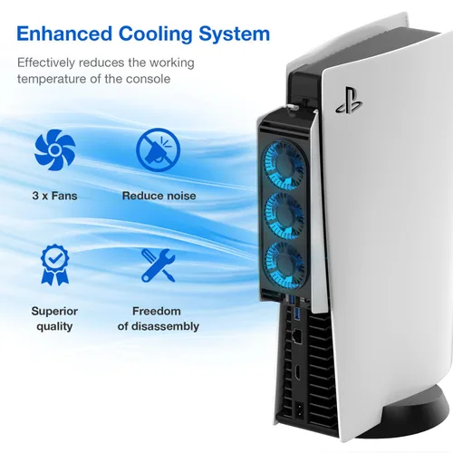 Vista 2 de PS5 Cooling Fan, MEQI PS5 Accessories Upgraded Quiet Cooler Fan with LED Light & USB 3.0 Hubs, Efficient Cooling Station for Playstation 5
