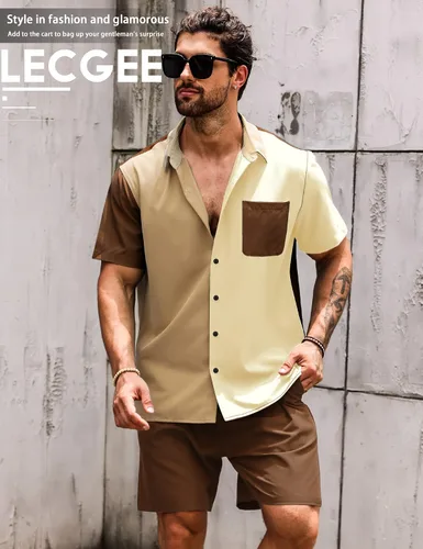 Vista 2 de LecGee Conjunto de 2 piezas de camisa y pantalones cortos de manga corta con botones para hombre