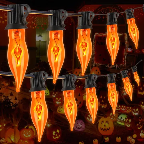 Vista 10 de Couah - Tira de luces de llama parpadeante de Halloween, color naranja, tira de luces C18 parpadeantes de 10 pies, base C18 E12, luces de chimenea