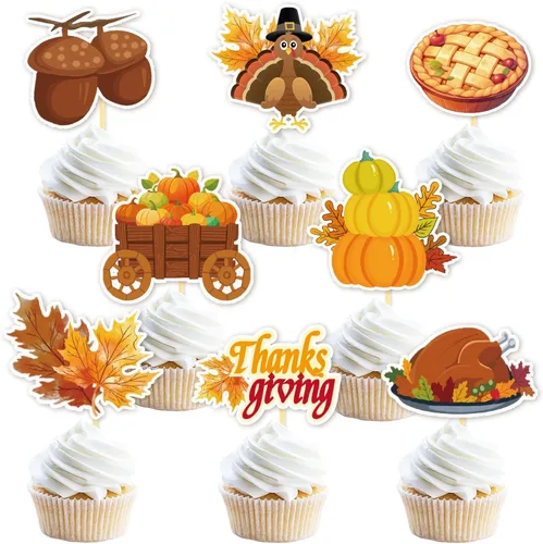 Vista 11 de 24 adornos de otoño para cupcakes para decoración del día de Acción de Gracias, lazo con purpurina para pasteles Thankful Blessed Grateful para Bow-a