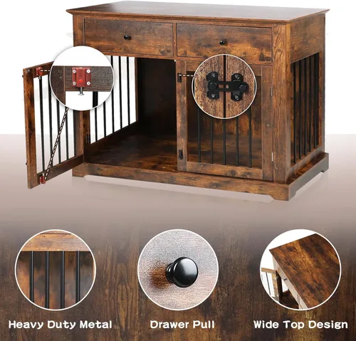 Vista 7 de LEMBERI Mueble de jaula para perros grande de 44 pulgadas, mesa auxiliar de madera para perros con cajones de almacenamiento, jaula decorativa