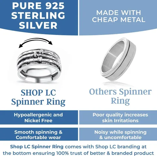 Vista 2 de 925 Sterling Silver Spinner Anxiety Fidget Ring for Women 3 rayas y flores