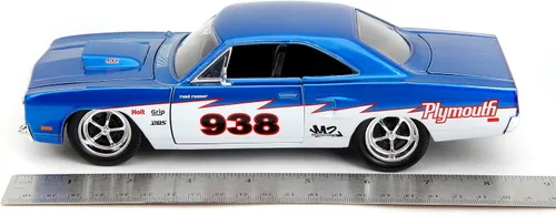Vista 6 de Jada Big Time Muscle 1:24 1970 Plymouth Roadrunner - Auto fundido a presión, juguetes para niños y adultos (azul caramelo/blanco)