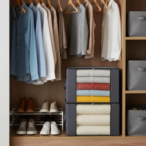 Vista 7 de Bolsas de almacenamiento grises de 90 L con tapas, cremallera y ventana transparente, paquete de 3 organizadores plegables grandes de armario