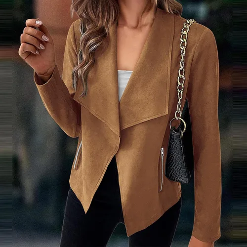 Vista 2 de Chaqueta de piel sintética para mujer, chaqueta de motociclista de gamuza sintética para otoño, con cremallera, de poliuretano, ajuste delgado