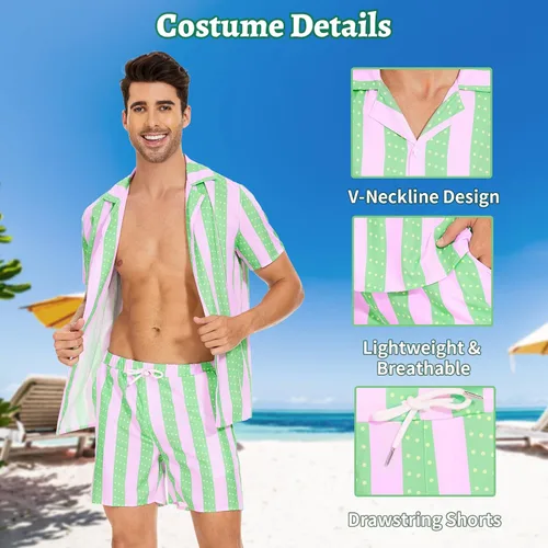 Vista 2 de Disfraz de Ken para adulto, Ken Cosplay Casual Playa a juego, camisa y pantalón corto a rayas para hombre, para fiesta de Halloween