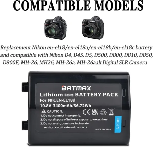 Vista 3 de Batmax Batería EL18d EN 3400mAh para cámaras Nikon EN-EL18d Nikon D5, D6, Z9, D4, D4S