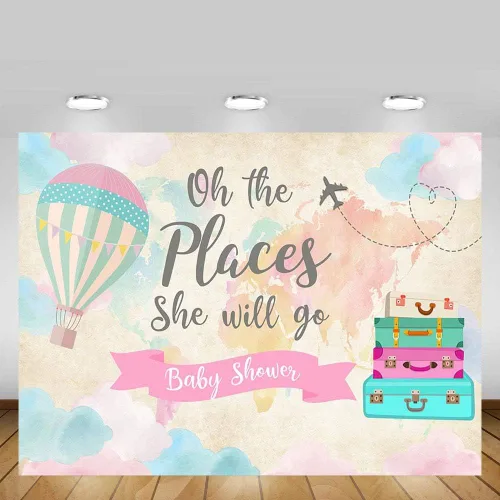 Vista 2 de Decoración de fiesta de baby shower de niña de viaje, telón de fondo, mapa rosa, maletas, viajes alrededor del mundo, globo aerostático, Oh The