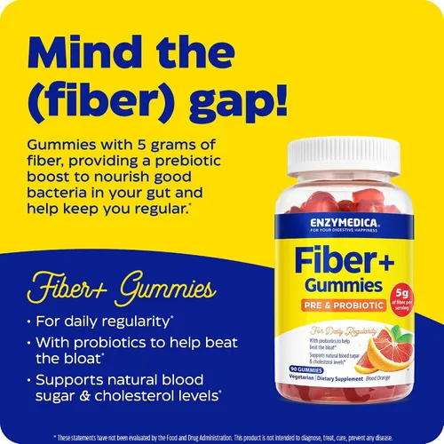 Vista 3 de Enzymedica Fiber+ - Gomitas prebióticas y probióticas para mujeres y hombres, salud intestinal y apoyo digestivo, 0.18 onzas de fibra y 50 mg
