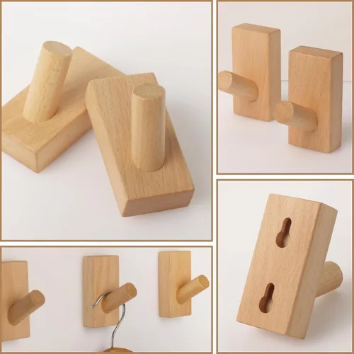Vista 2 de Paquete de 4 ganchos de madera para pared, de madera natural, ahorro de espacio, sin daños, adhesivos para entrada, dormitorio, puerta de cocina