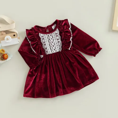 Vista 3 de Trajes de Navidad para niñas pequeñas, vestido de manga larga, falda vintage de encaje de una pieza, vestido de fiesta de terciopelo rojo, vestido