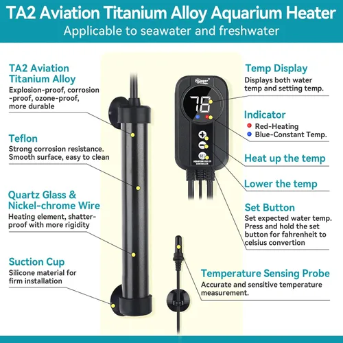 Vista 3 de hygger Calentador de Acuario Marino 50W 100W 200W 300W 500W, Calentador de Titanio con Calibración de Temperatura, Controlador LED Digital, Sonda