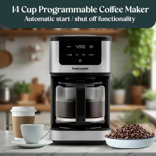 Vista 2 de Pantrymade Cafetera de goteo programable de lujo de 14 tazas con jarra de vidrio Cafetera de gran capacidad para 14 tazas con apagado automático