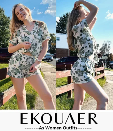 Vista 3 de Ekouaer Conjunto de 2 piezas de pantalones cortos de playa con estampado suelto y botones para mujer