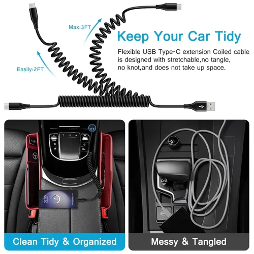 Vista 2 de Cable USB C para Android Auto Samsung de carga rápida para automóvil, paquete de 2 cables C en espiral de 3 pies, cable retráctil USB tipo C a USB A