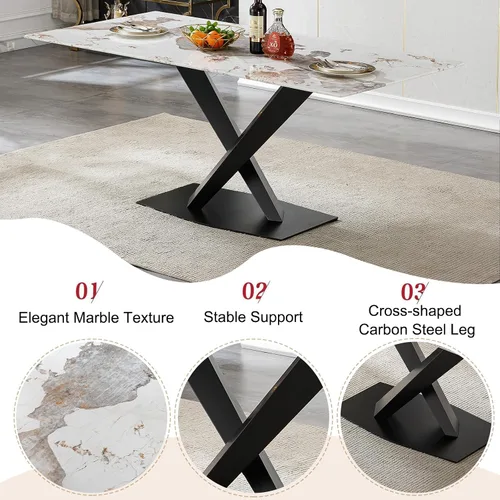 Vista 5 de Juego de 5 mesas de comedor, juego de mesa de cocina y comedor para 4, mesa de cocina rectangular de mármol sintético blanco de 47 pulgadas con base