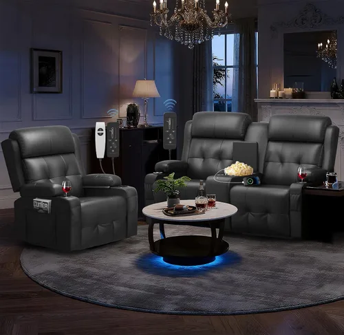 Vista 30 de Sofá reclinable de dos plazas, asientos de cine en casa, sofá reclinable con USB, consola central, sillón reclinable de pared para caravana