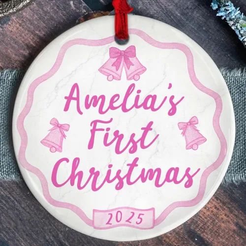 Vista 7 de Adorno personalizado de cerámica para la primera Navidad del bebé 2025 – Recuerdo navideño de copo de nieve personalizado con nombre, nuevo adorno