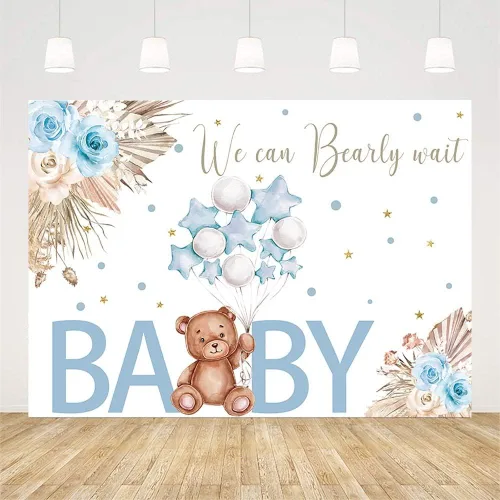 Vista 2 de AIBIIN Telón de fondo para baby shower de oso de 7 x 5 pies para niño, We Can Bearly Wait to Meet You, azul, bohemio, floral, globo de pampas